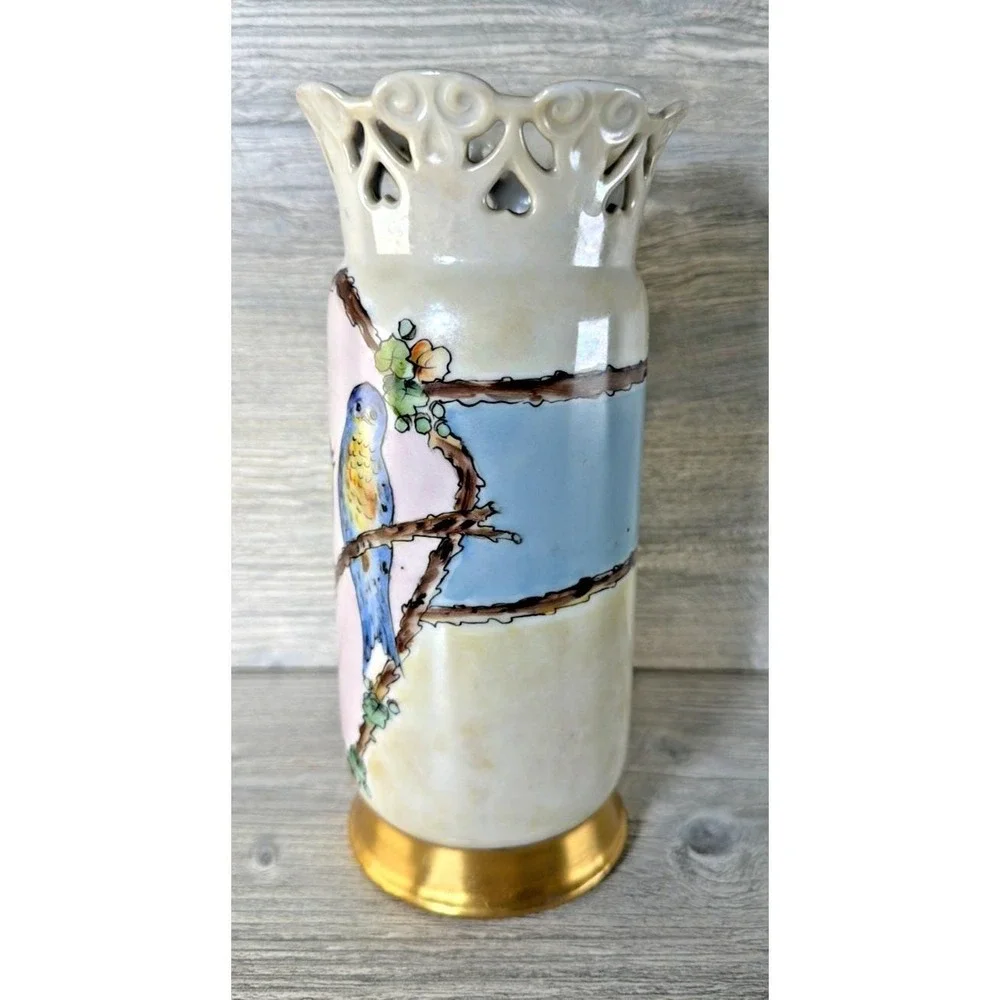 Antique 20'S Schonwald Vase PSAA Porcelain Arzberg Bavaria Blue Bird Pierced Rim